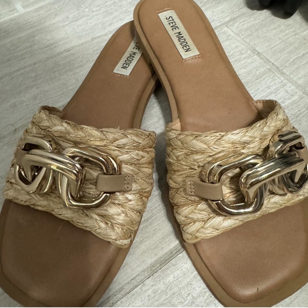 Steve Madden Tan Gold Chain Slide Sandals